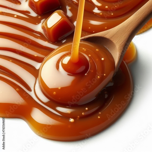 Luscious caramel drizzles from a spoon  encasing diced pieces beneath. The composition highlights the golden syrup s texture against the wooden backdrop. AI generation