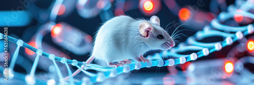 A white laboratory mouse carefully walks along intertwined, glowing fiber optic cables in a scientific study