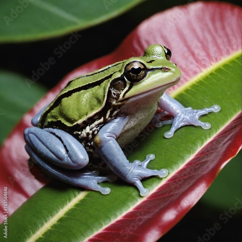 Small frog sitting on a big green jungle leaf