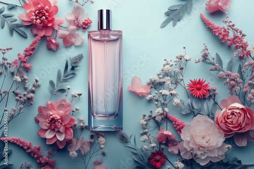 Beautiful banner or perfume bottle mockup with spring flowers