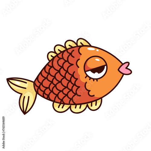 Groovy golden fish cartoon character with tired expression. Funny retro bored goldfish with fins and tail, tiredness and fatigue mascot, cartoon sea fish sticker of 70s 80s style vector illustration
