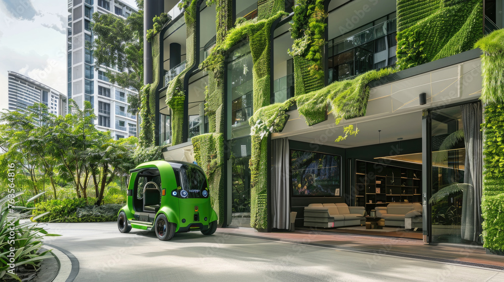 Green vehicle parked in front of a building, showcasing urban transportation and architecture Green vehicle parked in front of a building, showcasing urban transportation and architecture