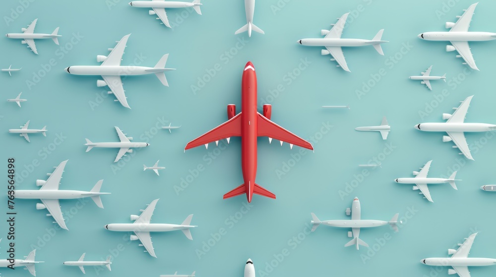 A minimalist style representation of a red airplane changing direction from the white ones, illustrating courage, innovation, and a unique approach