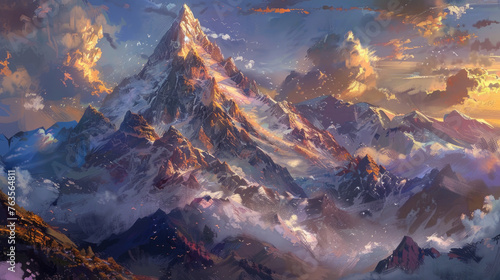 A painting depicting a grand mountain rising against a backdrop of swirling clouds in the sky