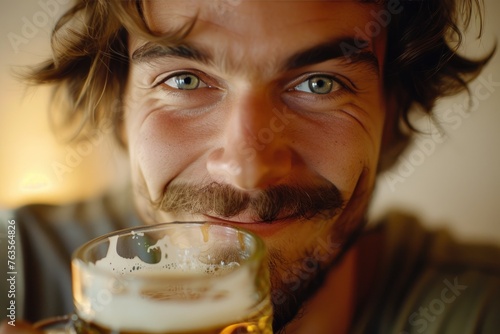 A happy man is drinking a m...