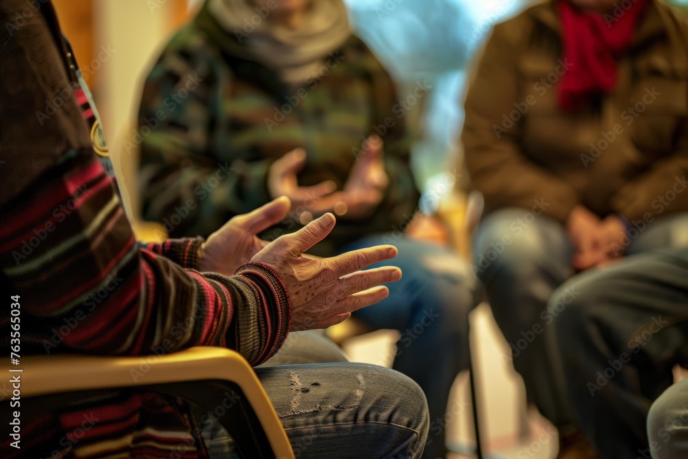 Closeup of hands forming a circle during a therapy session, focusing on one person speaking while others listen intently Generative AI