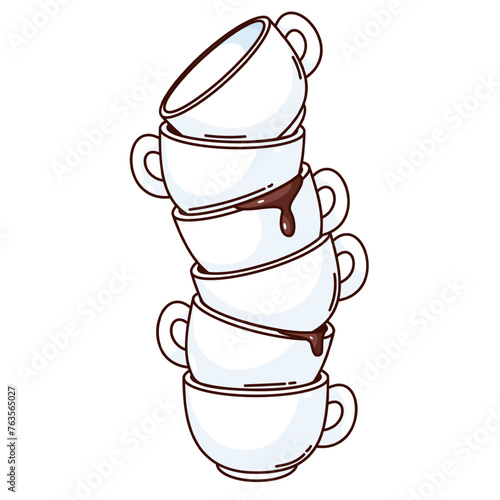 Groovy cartoon stack of coffee cups. Funny retro high stacked teacup tower with brown drops of drink, coffee or tea time mascot, cartoon tableware sticker of 70s 80s style vector illustration