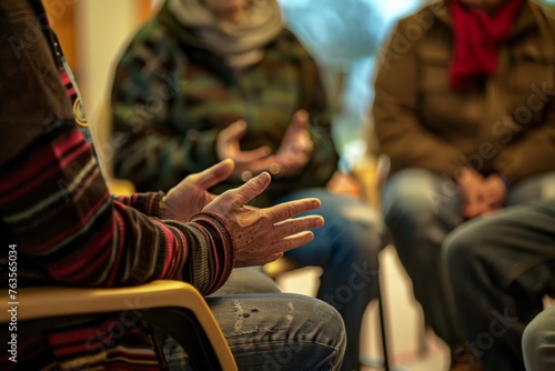 Closeup of hands forming a circle during a therapy session, focusing on one person speaking while others listen intently Generative AI © SKIMP Art