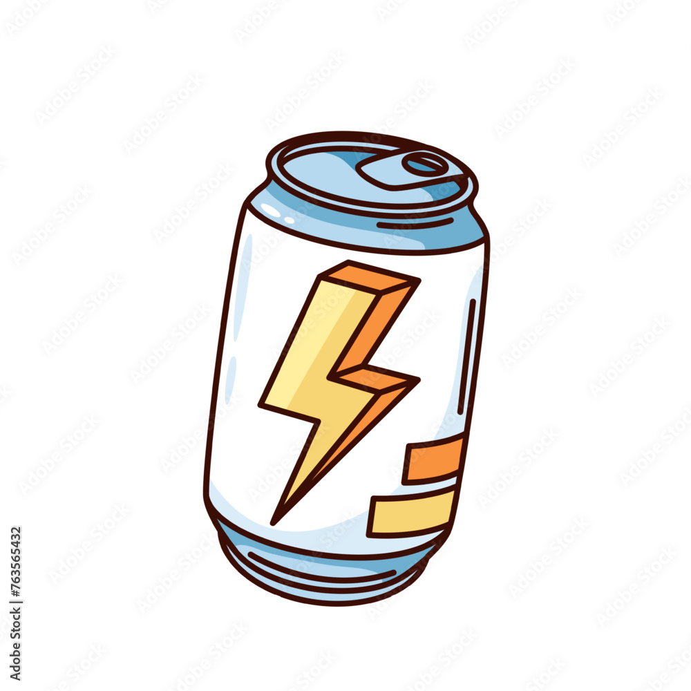 Groovy cartoon energy drink can with lightning. Funny retro soft metal package with cold soda water, energetic drink for tired person mascot, cartoon sticker of 70s 80s style vector illustration Groovy cartoon energy drink can with lightning. Funny retro soft metal package with cold soda water, energetic drink for tired person mascot, cartoon sticker of 70s 80s style vector illustration