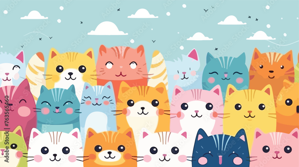 Background with cute kawaii cats. Fun animal illustration