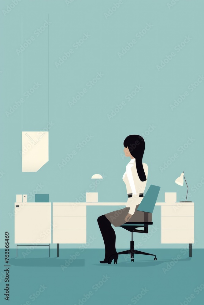 Obraz premium A woman is sitting at a desk with a clock hanging above her
