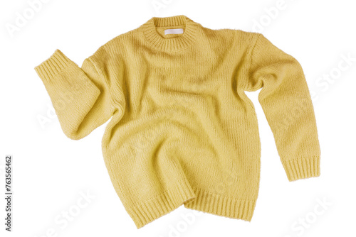 Quadro su tela Yellow flying crumpled women's autumn knitted sweater isolated on white, transparent background