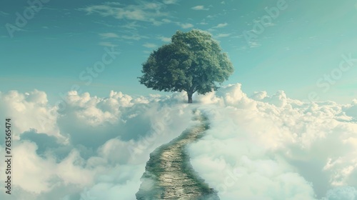 A road suspended in the sky leading to a tree, a surreal representation of journey and destination