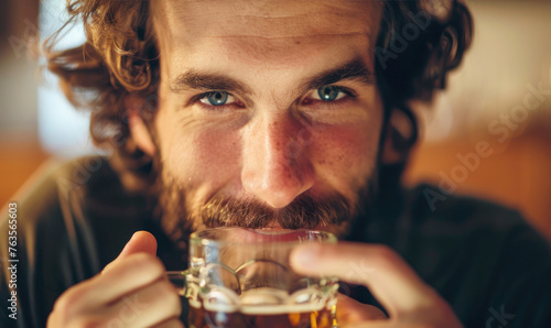 A happy man is drinking a m...