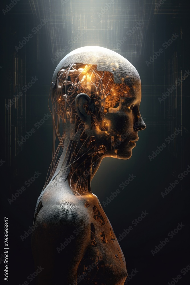 A woman's head is made of metal and has a robotic appearance A woman's head is made of metal and has a robotic appearance