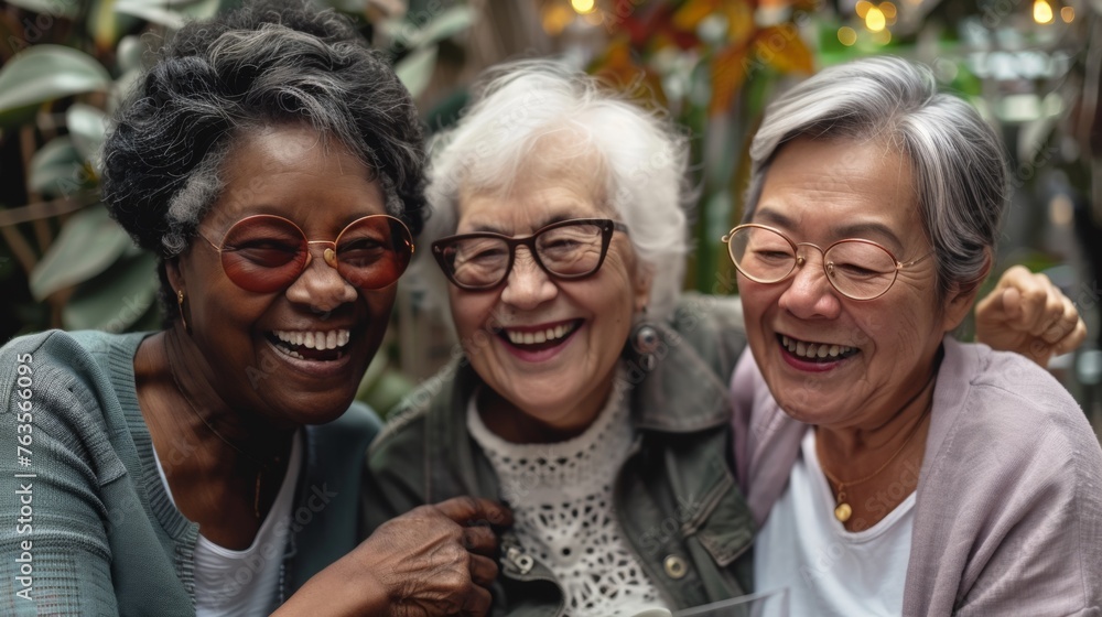 A group of older women laughing and posing for a picture