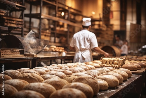 Baker prepares freshly baked bread in a cozy, traditional bakery setting with warm lighting