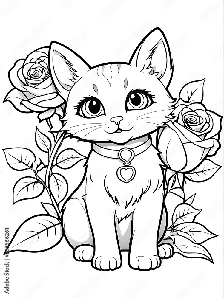 Cat with flower coloring page kids style white background ai generated