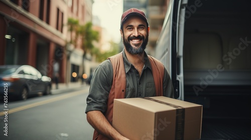 Smiling young male postal delivery courier man in front of cargo van delivering package © Vasiliy