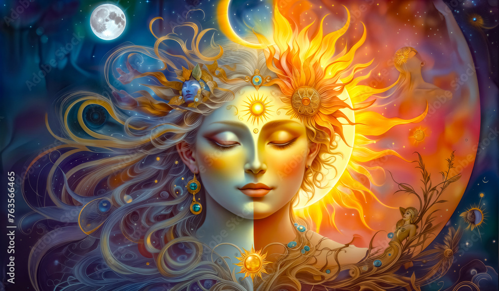 Goddess of the sun and the moon, spiritual imagination of duality, cosmic female power, sacred feminine, solar beings, visionary art, spiritual evolution, mystical new age symbolism. fantasy wallpaper