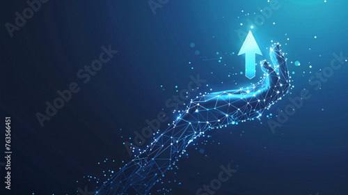 Abstract digital businessman hand holding rising arrows in futuristic style. Successful business and growth strategy concept. Low poly wireframe vector illustration on technological blue background. #763566451