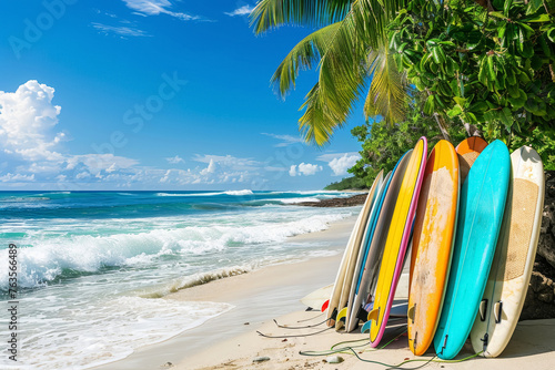 Tropical Beach and Colorful Surfboards © spyrakot