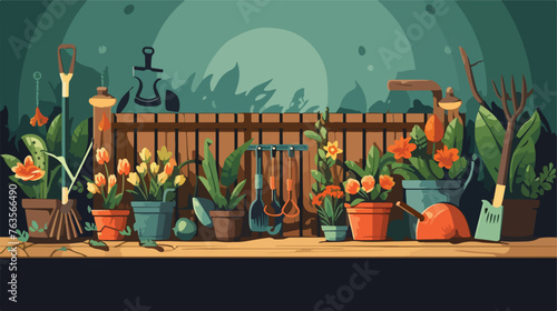 Background with garden tools and equipment. flat 