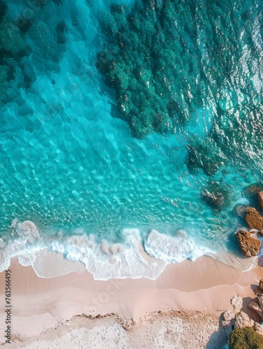 Aerial View of Clear Turquoise Blue Sea with White Sand