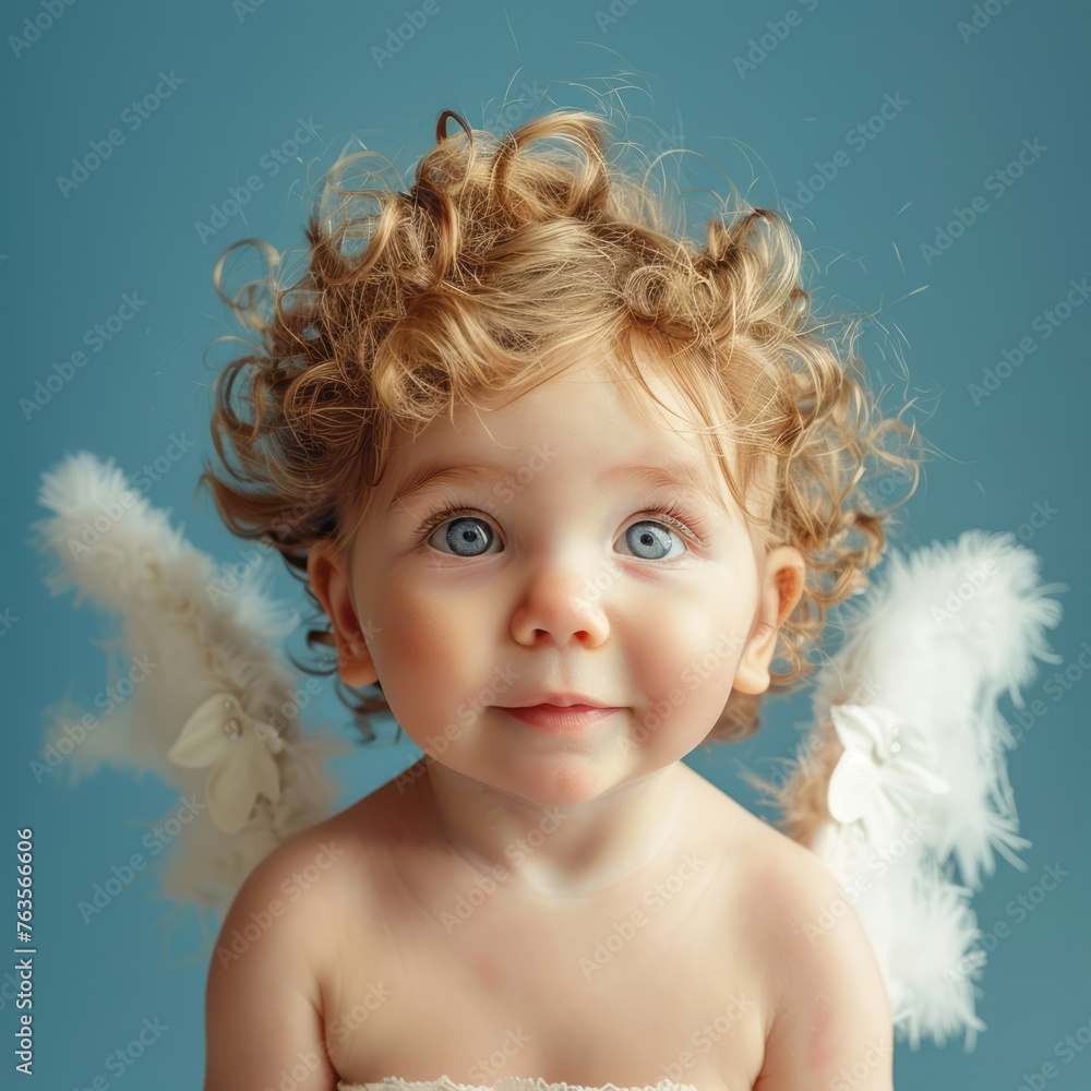 Cute Baby Angel with a Smiling Face and Blue Eyes on a Light Blue Background Cute Baby Angel with a Smiling Face and Blue Eyes on a Light Blue Background
