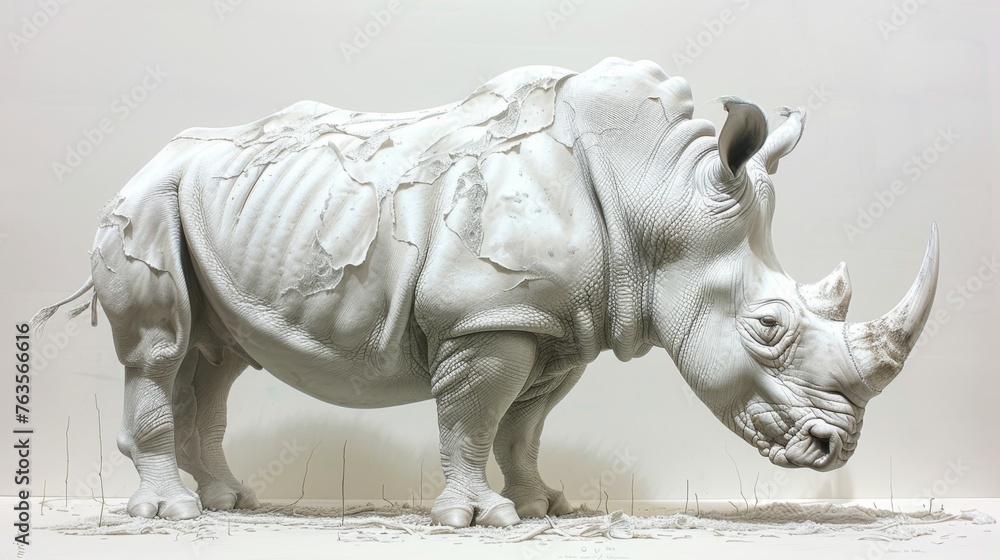 a sculpture of a rhinoceros is shown in a white room with a white wall in the background and grass in the foreground. a sculpture of a rhinoceros is shown in a white room with a white wall in the background and grass in the foreground.