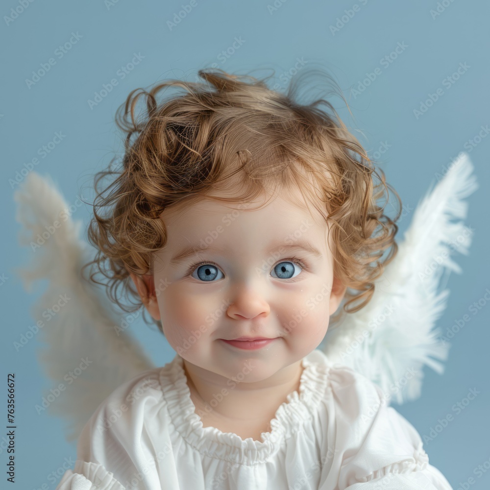 Cute Baby Angel with a Smiling Face and Blue Eyes on a Light Blue Background Cute Baby Angel with a Smiling Face and Blue Eyes on a Light Blue Background