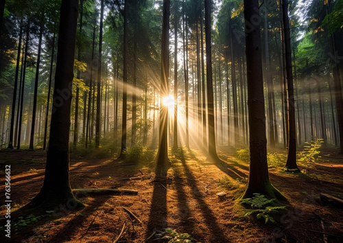 The sun is shining through the trees, casting a warm glow on the forest floor. The light is creating a peaceful and serene atmosphere, making it a perfect place to relax and unwind © Людмила Мазур