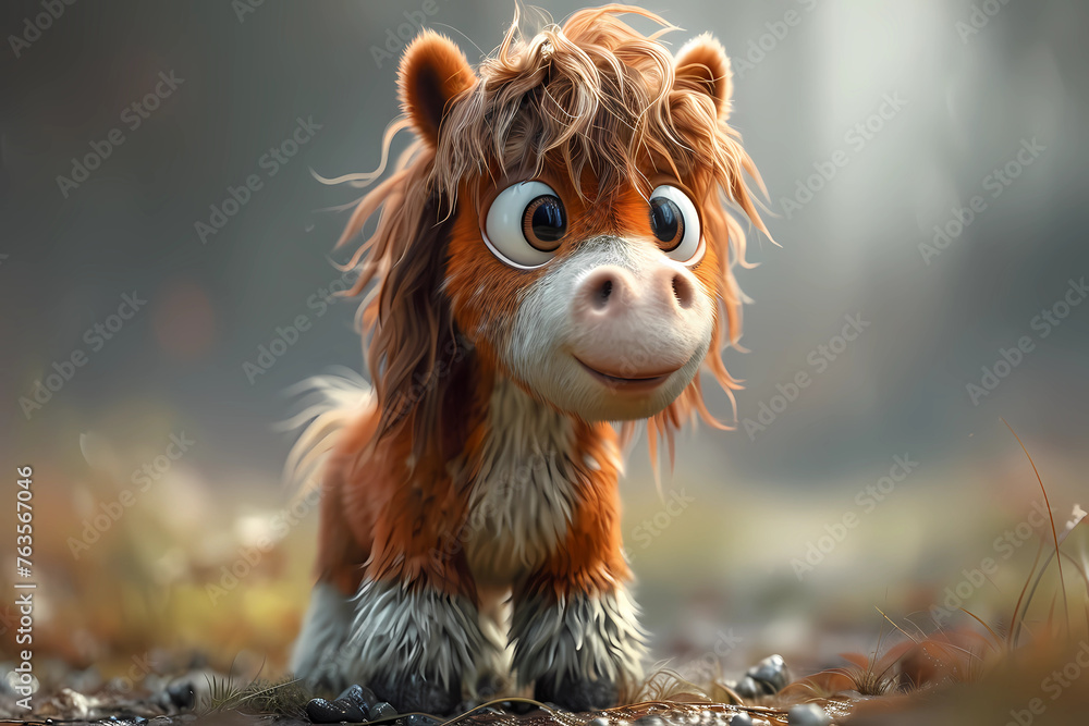 Fototapeta premium Shire horse in 3D cartoon style, captivates with its charmingly exaggerated features, including endearingly oversized and bright eyes that radiate an irresistibly cute and playful allure