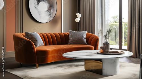 Sofá laranja em uma sala de estar moderna - Decoração de ambiente 
