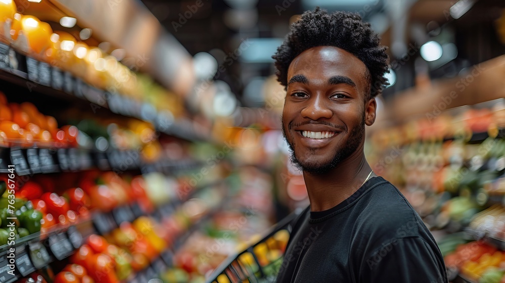 Naklejka premium Young black man buying fruits and vegetables with a shopping cart in the supermarket