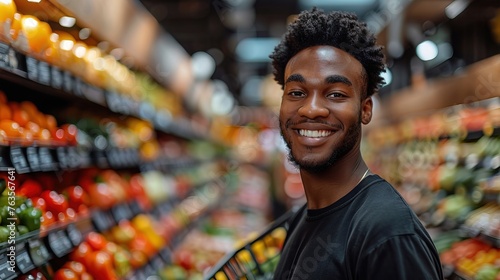 Young black man buying fruits and vegetables with a shopping cart in the supermarket