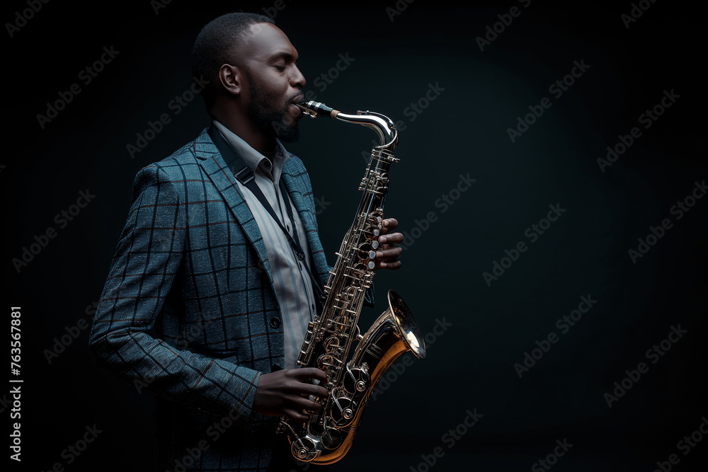 Naklejka premium Evening Serenade: Distinguished Jazz Musician with Saxophone in Spotlight