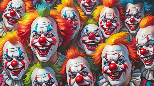 many clown faces background. bright crazy clowns painted with oil paints photo