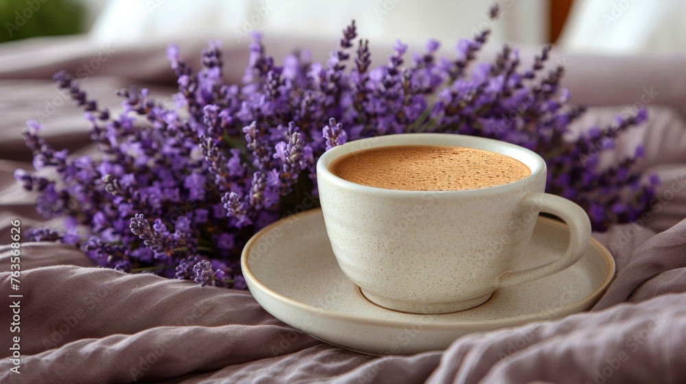 a cup of coffee sitting on top of a saucer next to a bunch of purple flowers on a bed. a cup of coffee sitting on top of a saucer next to a bunch of purple flowers on a bed.