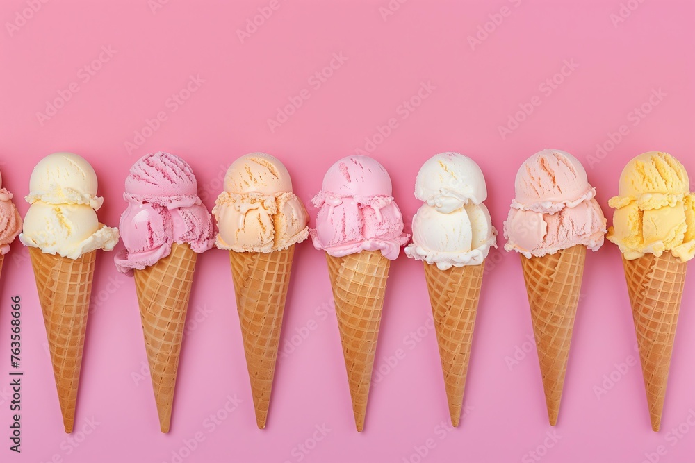 row of ice creams in a cone with different flavors, pastel pink background row of ice creams in a cone with different flavors, pastel pink background