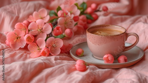  a cup of coffee sitting on top of a saucer on top of a saucer next to pink flowers.