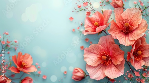  a group of pink flowers on a blue background with boke of pink flowers on a blue background with boke of pink flowers.