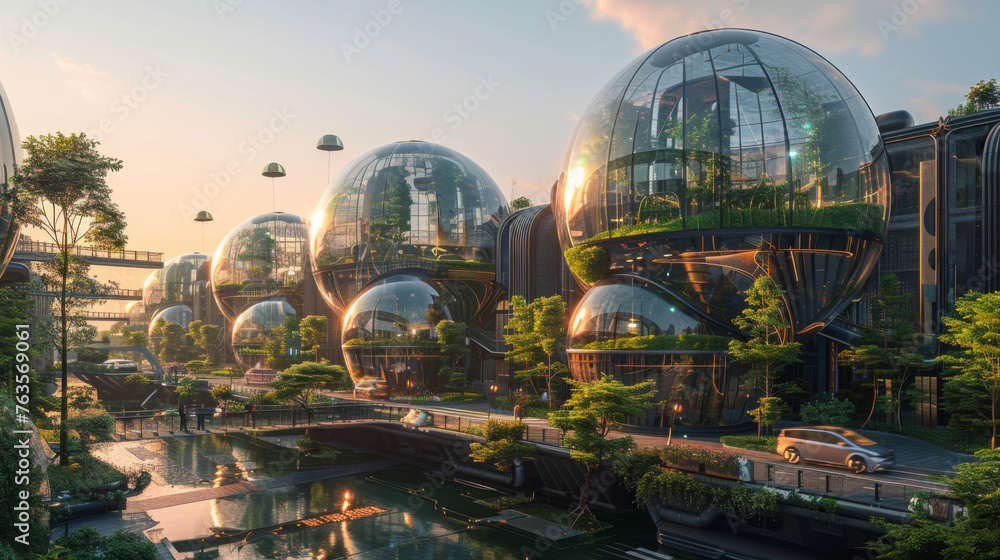 Futuristic City With Glass Domes - obrazy, fototapety, plakaty 