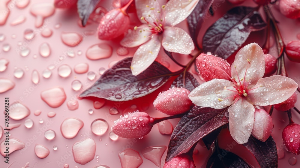 a close up of a bunch of flowers on a pink surface with water droplets on the petals and the leaves. a close up of a bunch of flowers on a pink surface with water droplets on the petals and the leaves.
