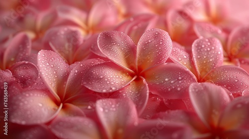  a close up of a bunch of pink flowers with drops of water on the petals and the center of the petals.
