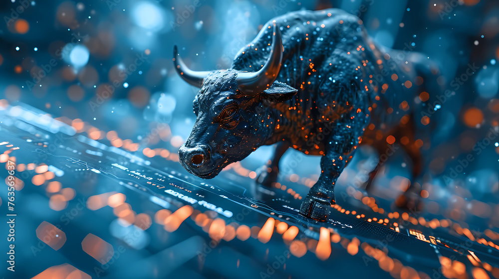 A Bull bullish divergence in Stock market and Crypto - image as generated by AI - obrazy, fototapety, plakaty 