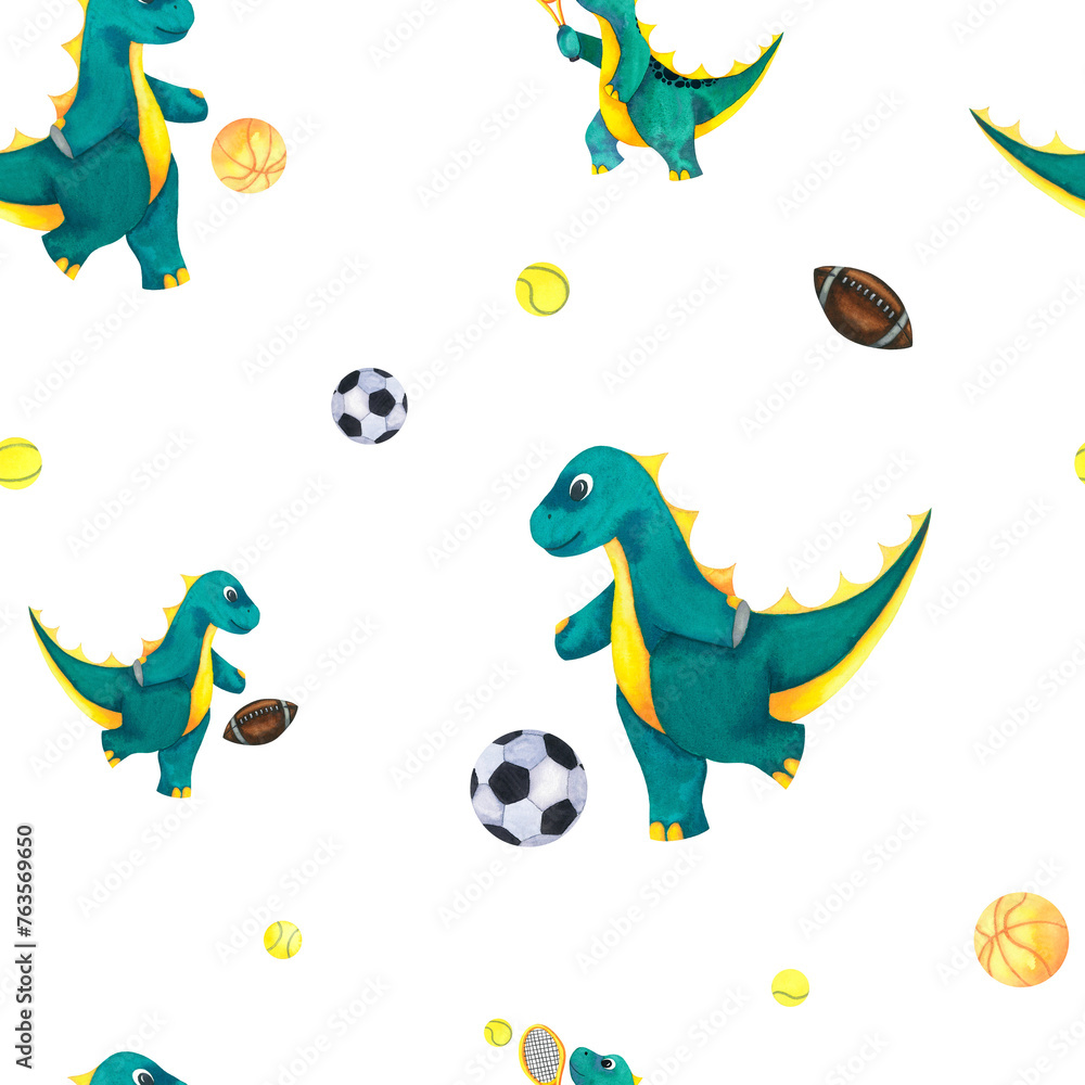 Fototapeta premium Cute Baby watercolour sport Dinosaur seamless pattern with american football ball, soccer, tennis. Sports equipment. Hand drawn illustration blue green and yellow isolated on white.