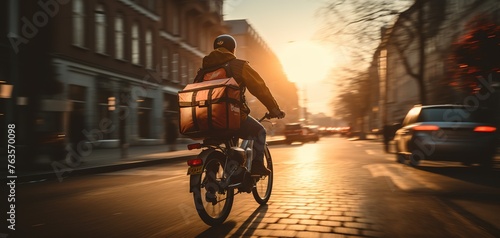 Courier on bicycle delivering food in city. The concept of fast delivering goods or food