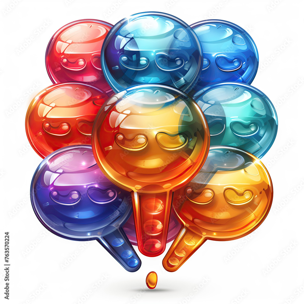 Conjunto de globos a modo de emoticones representando la diversidad de opiniones en charlas y reuniones, convocatorias, multicolor, expresivo, agrupación de pensamientos, comunicación directa, efecto - obrazy, fototapety, plakaty 
