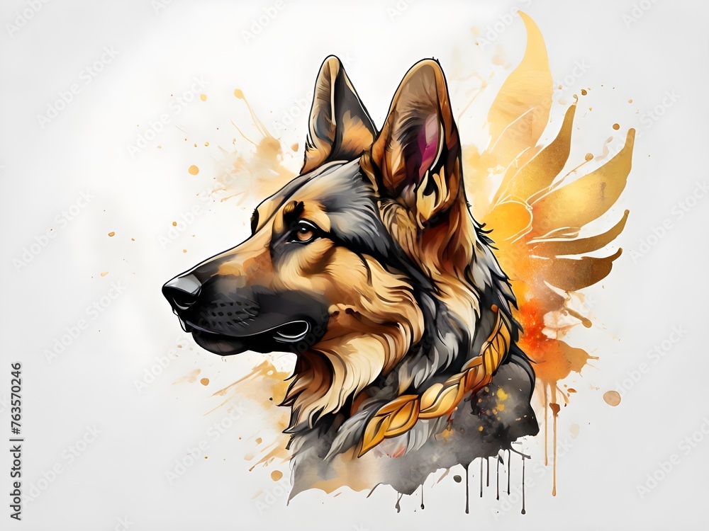 Powerful, colorful german shepard logo facing forward, in watercolor style, with a monochrome background. Generative AI - obrazy, fototapety, plakaty 